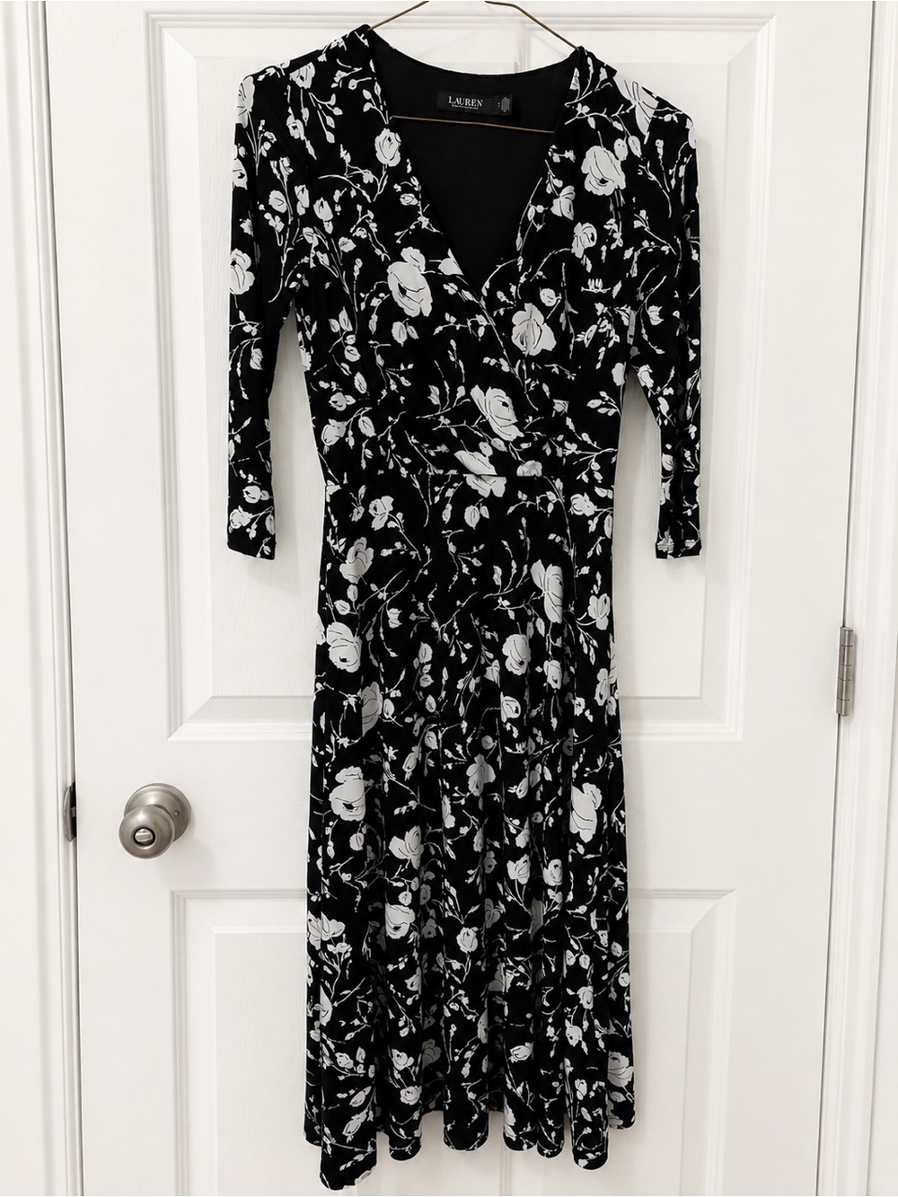 Ralph Lauren Carlyna Black & White Floral Wrap Midi Dress